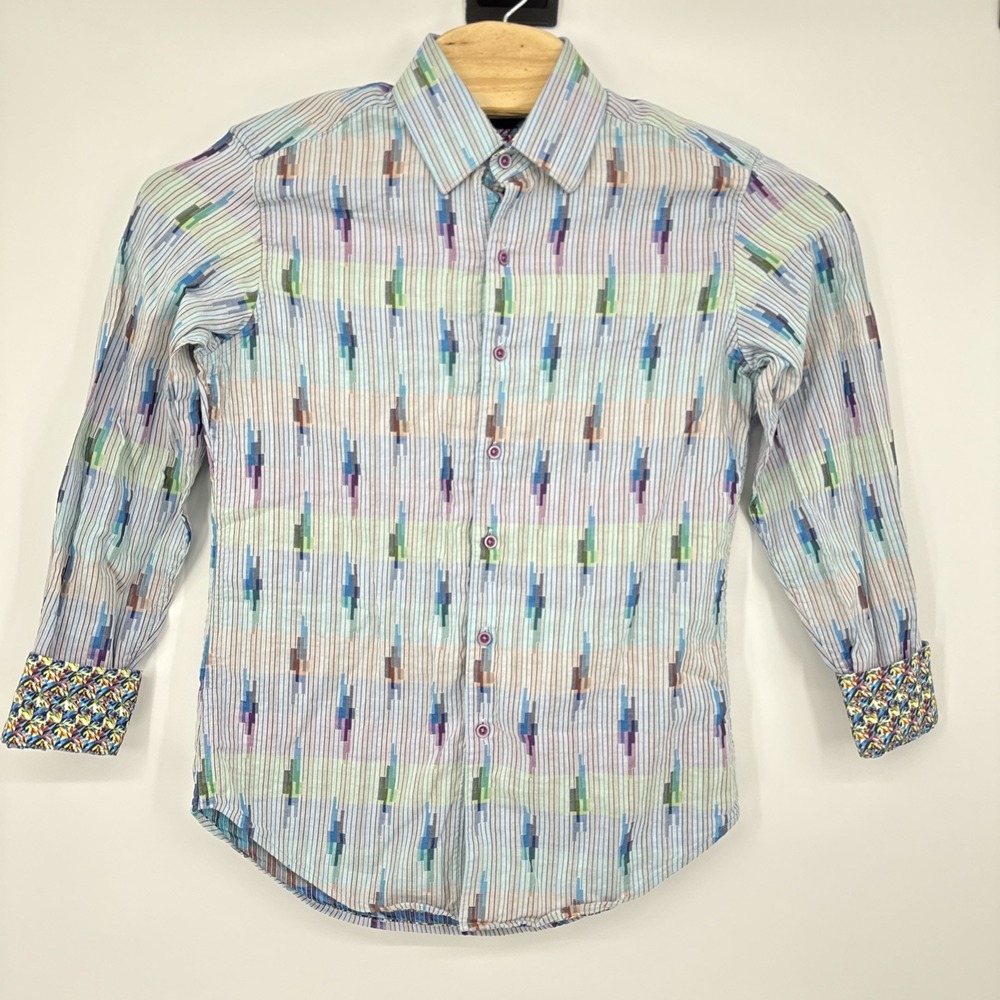 Robert Graham Men Small Long Sleeve Geometric Shirt Patterned Flip Cuff AOP Blue